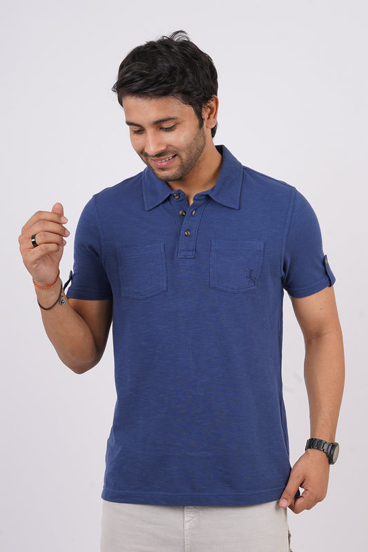 Men's True Navy slub pique polo t-shirt with double pocket