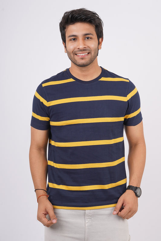 Men's Yellow/Navy striped round neck t-shirt