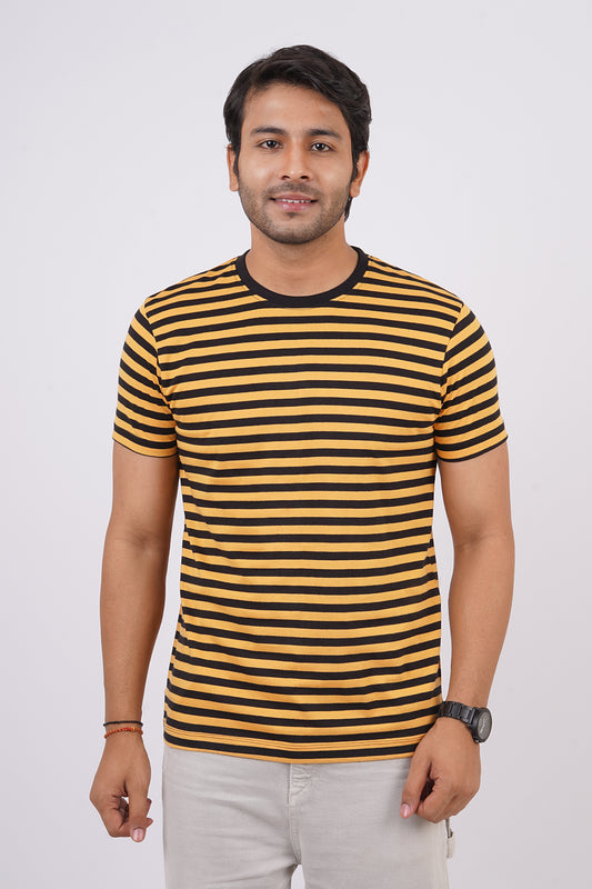 Men's Yellow/Black striped round neck t-shirt