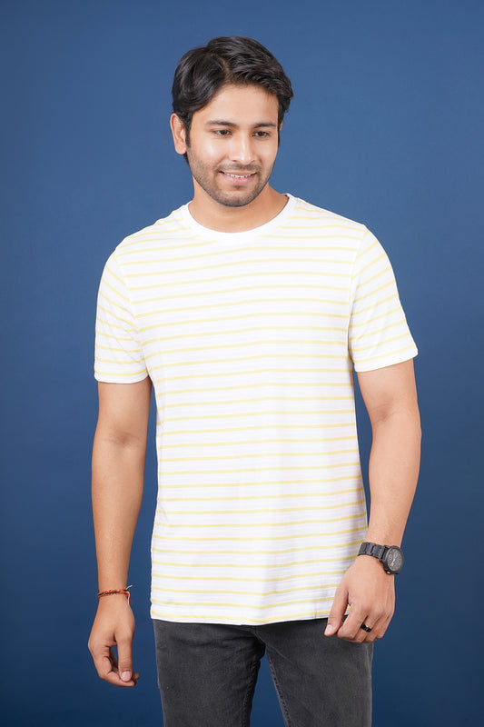 Men's White/Yellow striped round neck t-shirt