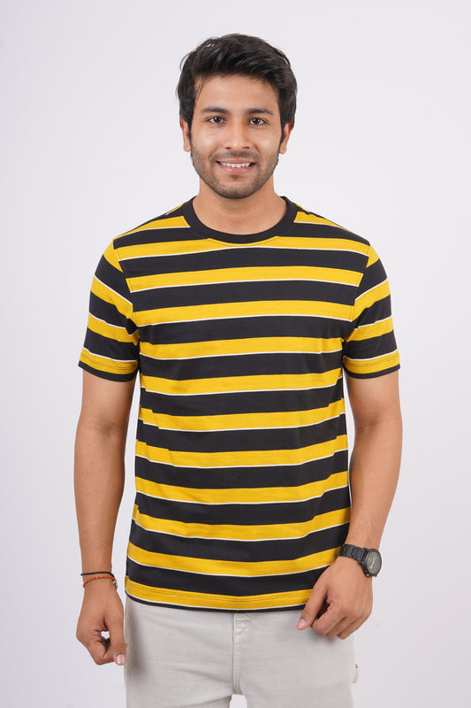 Men's Yellow/Black striped round neck t-shirt