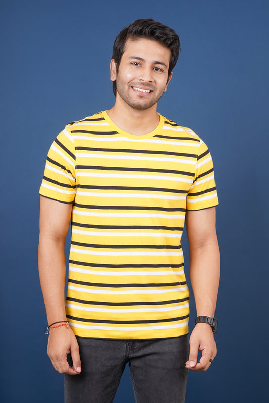 Men's Yellow/White/Black striped round neck t-shirt