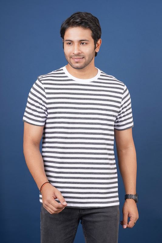 Men's White/Charcoal striped round neck t-shirt
