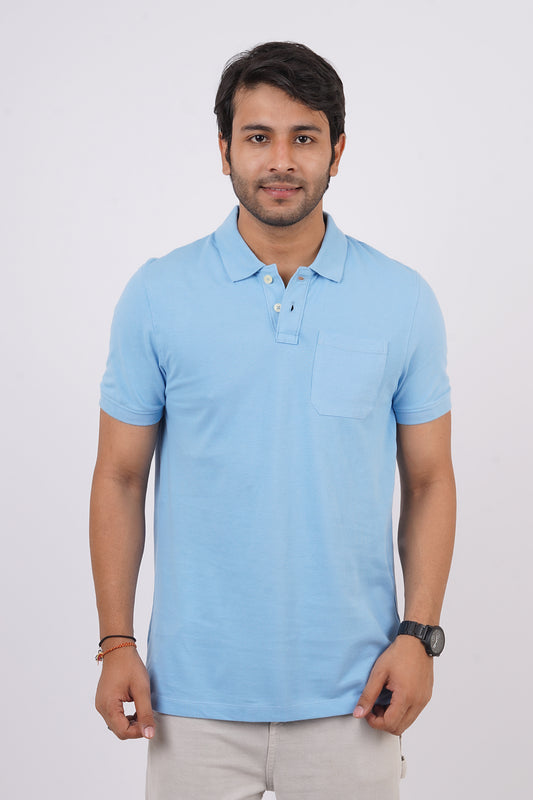 Men's sky blue core pique polo t-shirt with pocket