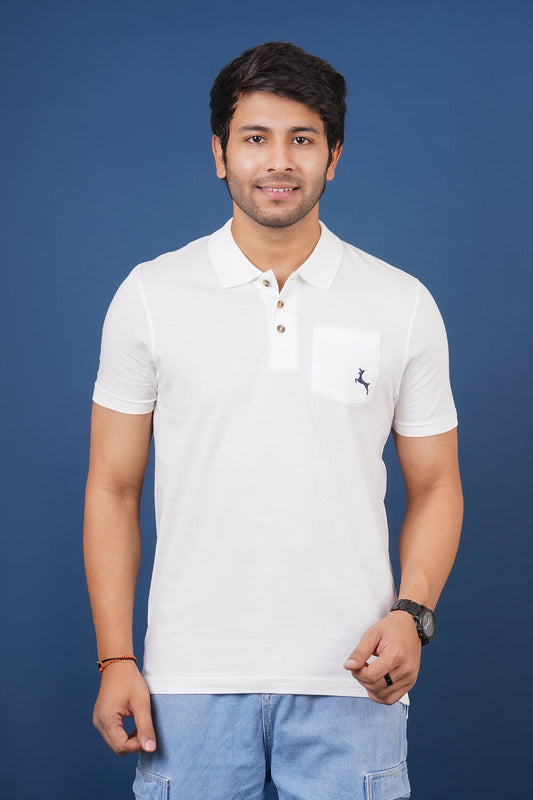 Men's snow white single jersey polo t-shirt with pocket
