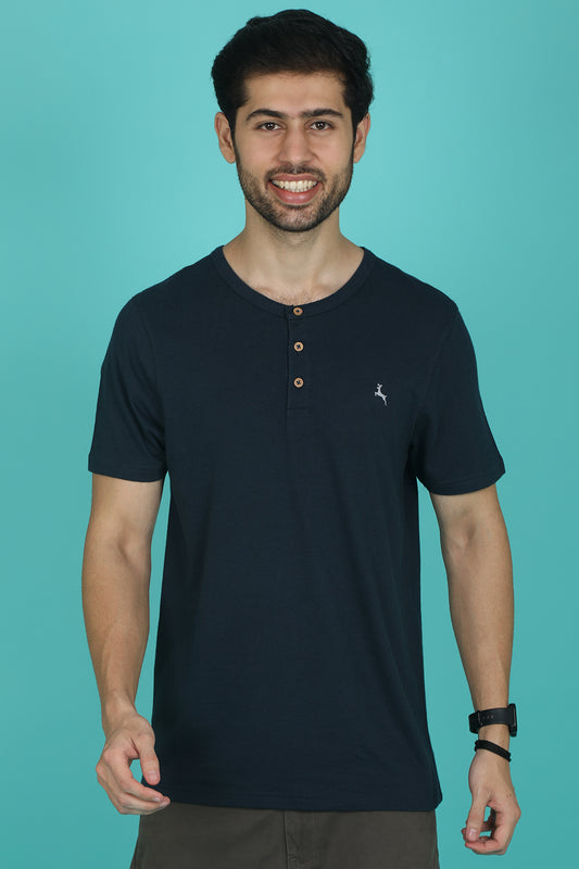 Men's Navy Pima Cotton Single Jersey Henley Neck T-shirt with Logo