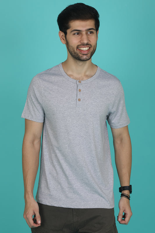 Men's H.Grey Pima Cotton Single Jersey Henley Neck T-shirt