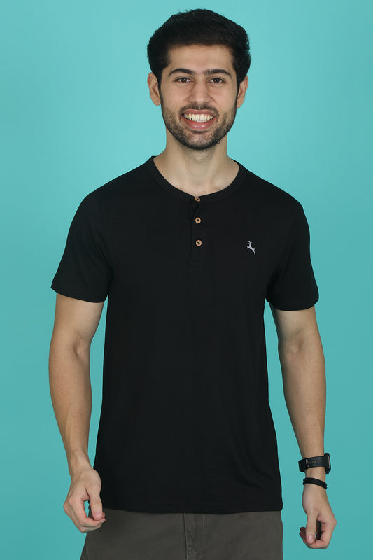 Men's Black Pima Cotton Single Jersey Henley Neck T-shirt with Logo