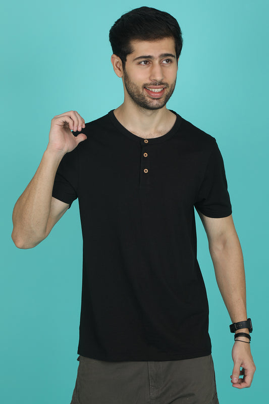 Men's Black Pima Cotton Single Jersey Henley Neck T-shirt