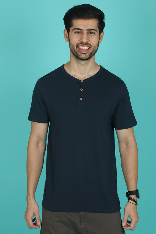 Men's Navy Pima Cotton Single Jersey Henley Neck T-shirt
