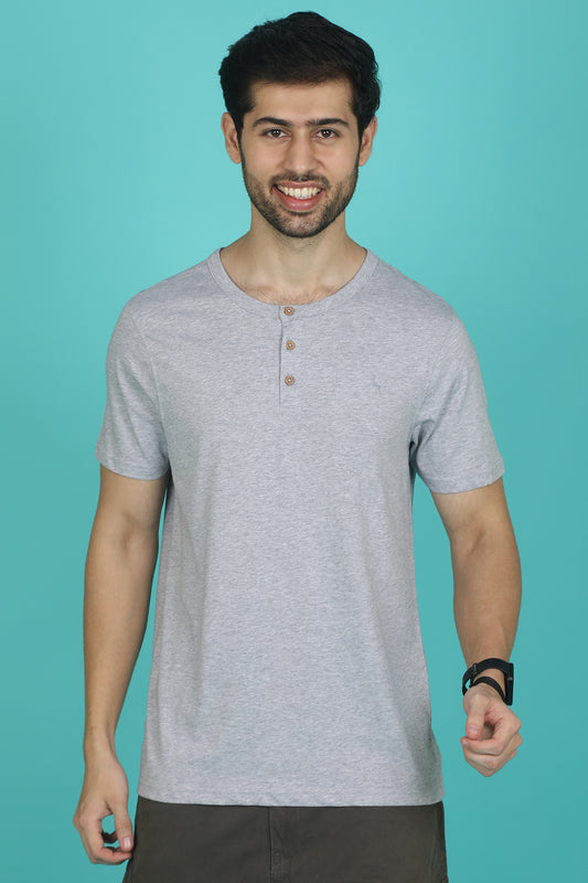 Men's H.Grey Pima Cotton Single Jersey Henley Neck T-shirt with Logo
