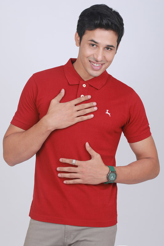 Men's Red Core Pique Polo T-shirt with Logo Embroidery