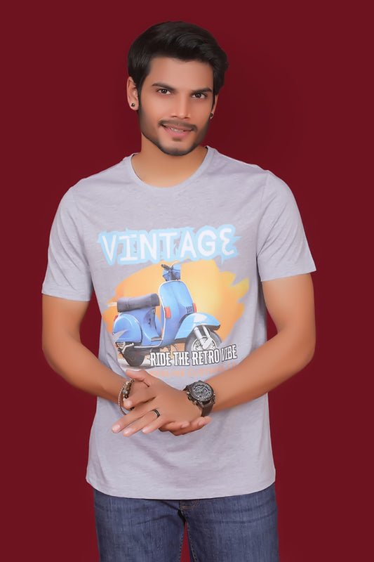 Men's Grey Melange Pima Cotton Single Jersey Round Neck T-shirt with Digital Print