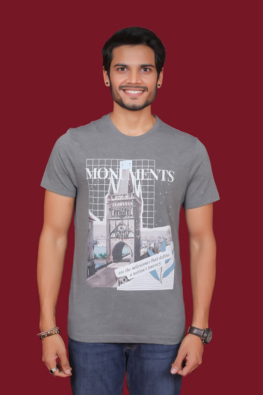 Men's anthra melange single jersey round neck t-shirt with Digital Print
