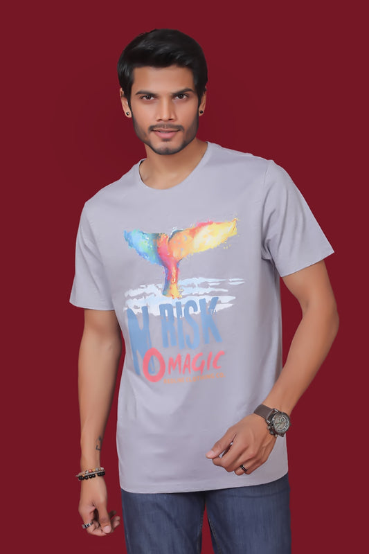 Men's Grey Melange Pima Cotton Single Jersey Round Neck T-shirt with Digital Print
