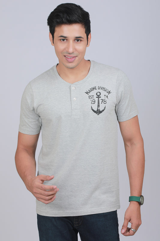 Men's Grey Single Jersey Henley Neck T-shirt