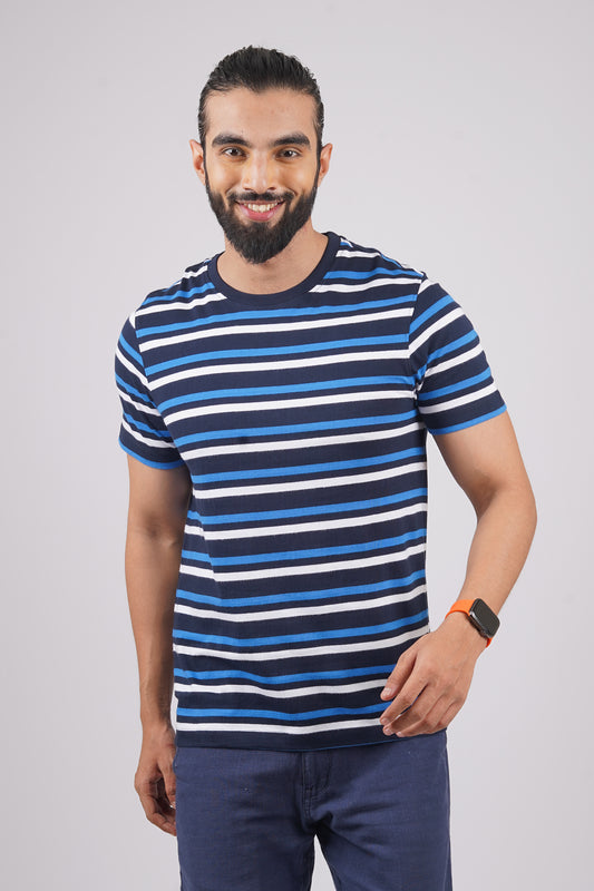 Men's White/Navy/Blue striped round neck t-shirt
