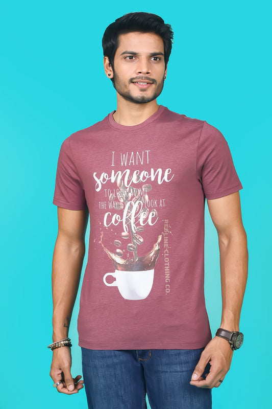 Men's Burgandy Melange Round Neck T-shirt with Digital Print