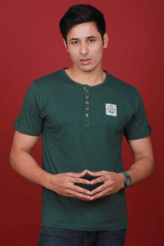 Men's Racing Green Single Jersey Henley Neck T-shirt