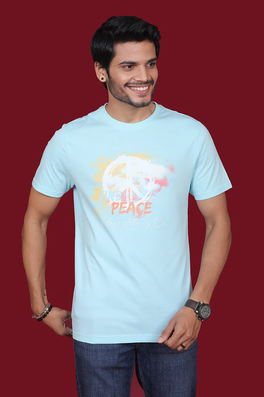 Men's Aqua Blue Single Jersey Round Neck T-shirt with Digital Print