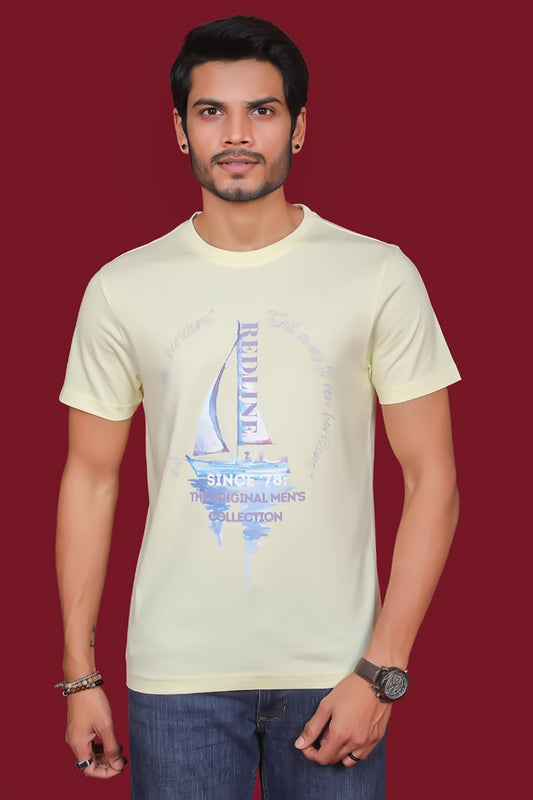 Men's Light Yellow Printed Single Jersey Round Neck T-shirt with Digital Print