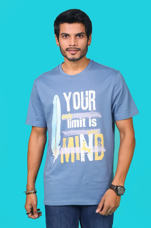 Men's Denim Blue Pima Cotton Single Jersey Round Neck T-shirt with Digital Print