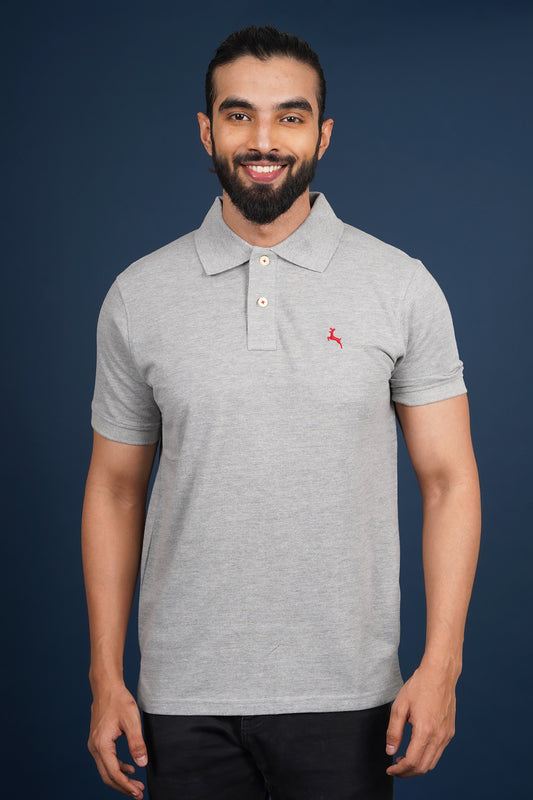Men's grey melange core pique polo t-shirt with logo