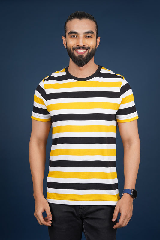 Men's Yellow/Black/White striped round neck t-shirt