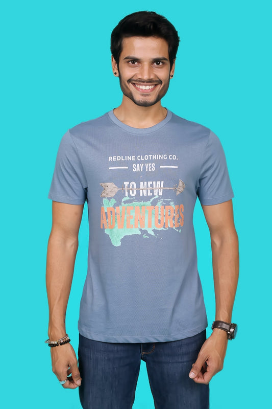 Men's Denim Blue Pima Cotton Single Jersey Round Neck T-shirt with Digital Print