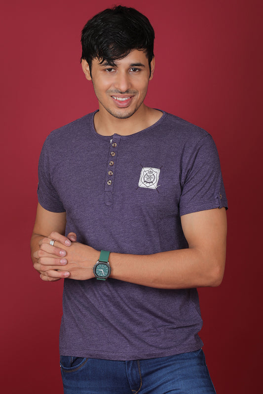Men's Purple Melange Single Jersey Henley Neck T-shirt