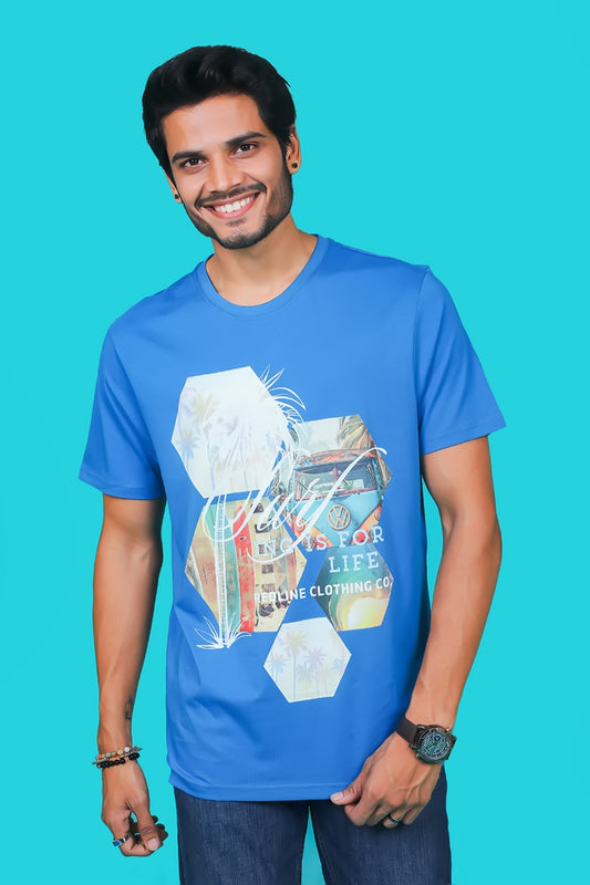 Men's Blue Saphire Pima Cotton Single Jersey Round Neck T-shirt with Digital Print