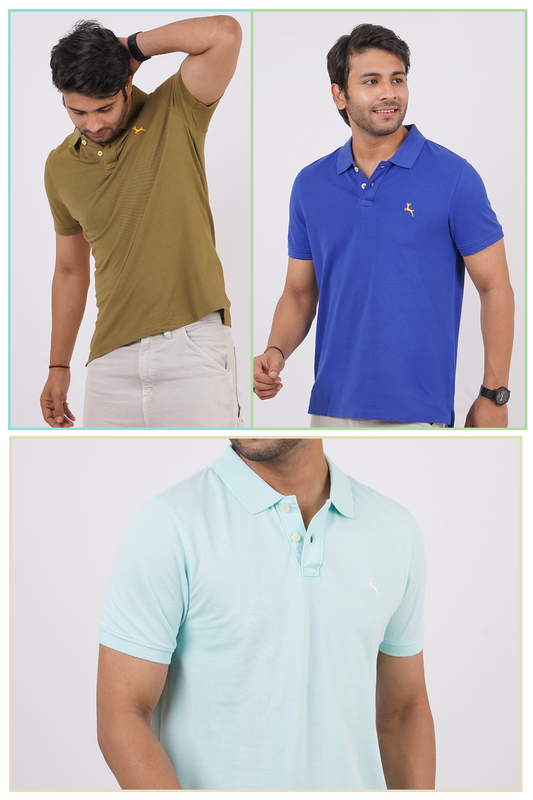 Pack of 3 Core Polo T-Shirts (Olive green, Blue, Water blue) With Embroidered Logo