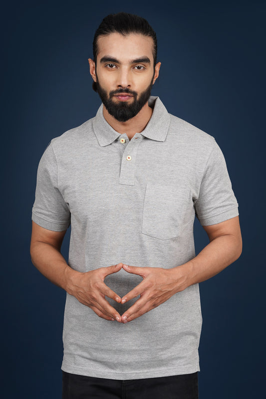 Men's grey melange core pique polo t-shirt with pocket