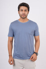 Men's Denim Blue Pima Cotton Single Jersey Round Neck T-shirt with Logo