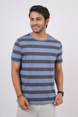 Men's Dark Grey Melange/Blue striped round neck t-shirt