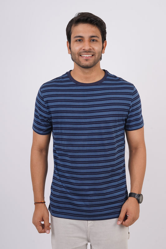 Men's Light Blue/Navy striped round neck t-shirt