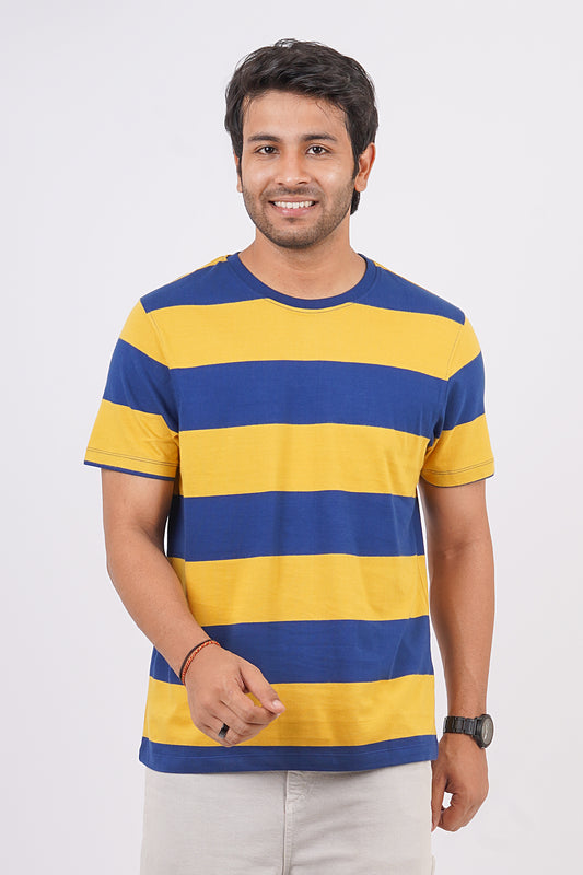 Men's Yellow/Navy striped round neck t-shirt