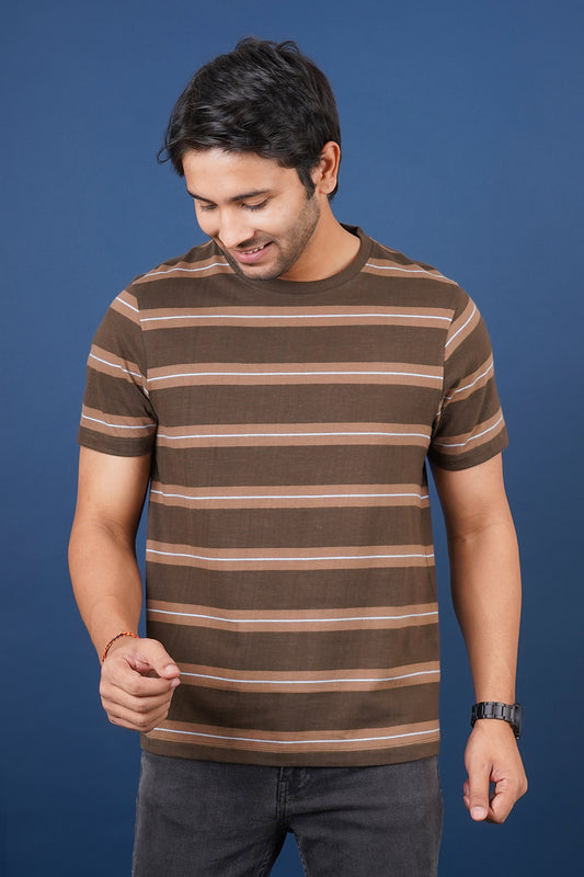 Men's Olive/Light Green striped round neck t-shirt