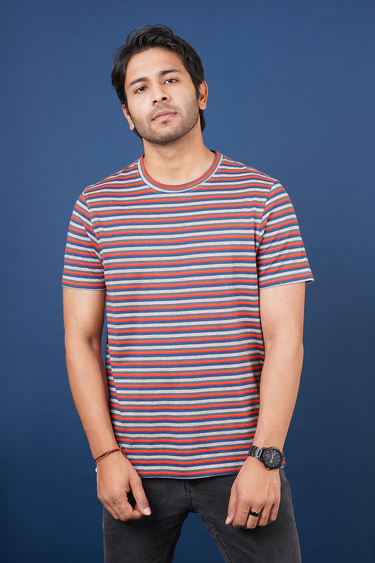 Men's Navy/Red/Orange striped round neck t-shirt