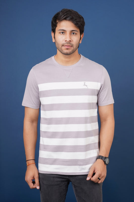 Men's Gull Grey/White striped round neck t-shirt