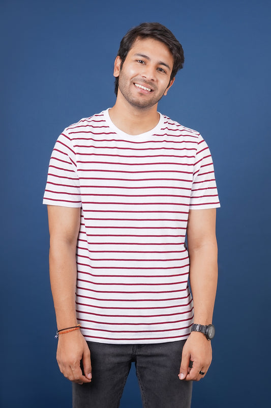 Men's White/Burgandy striped round neck t-shirt