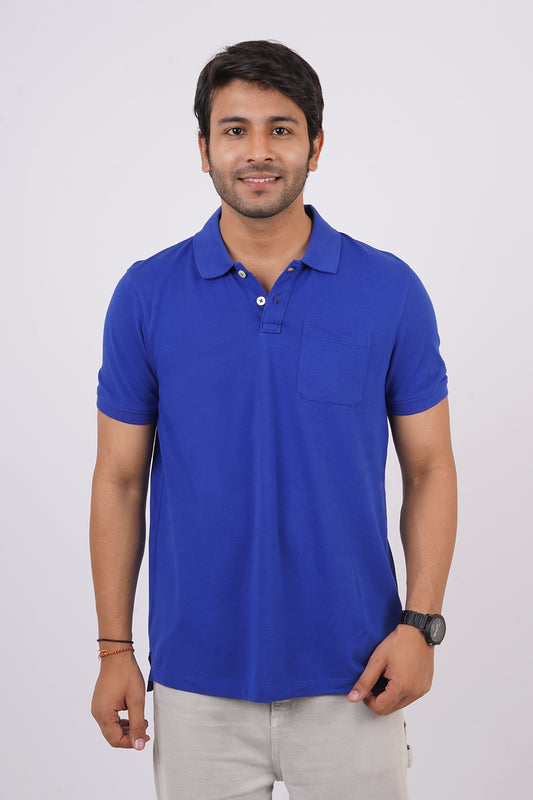 Men's blue core pique polo t-shirt with pocket