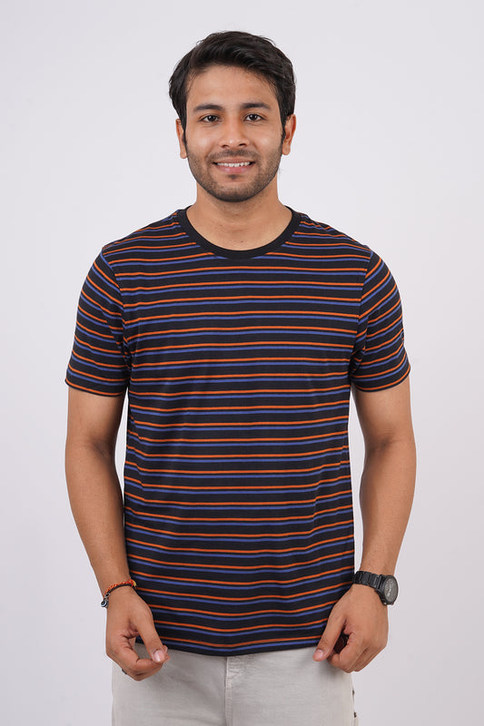 Men's Black/Blue/Orange striped round neck t-shirt