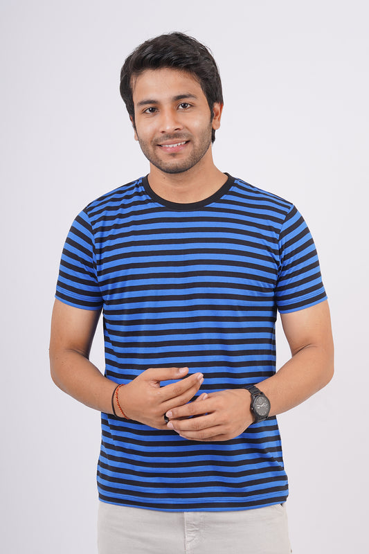 Men's Blue/Black striped round neck t-shirt