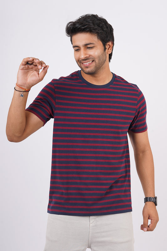 Men's Navy/Burgandy striped round neck t-shirt