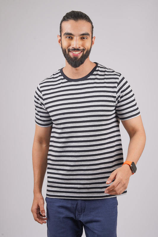 Men's Grey/Black striped round neck t-shirt