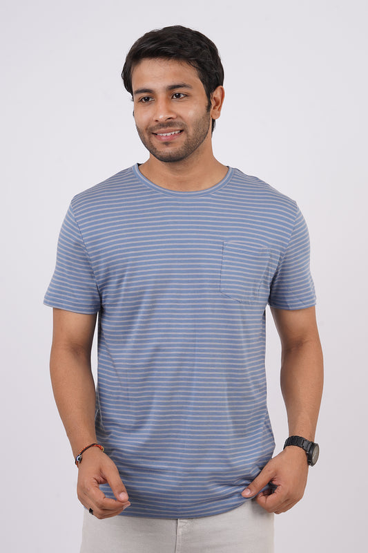 Men's Light Blue/Grey striped round neck t-shirt