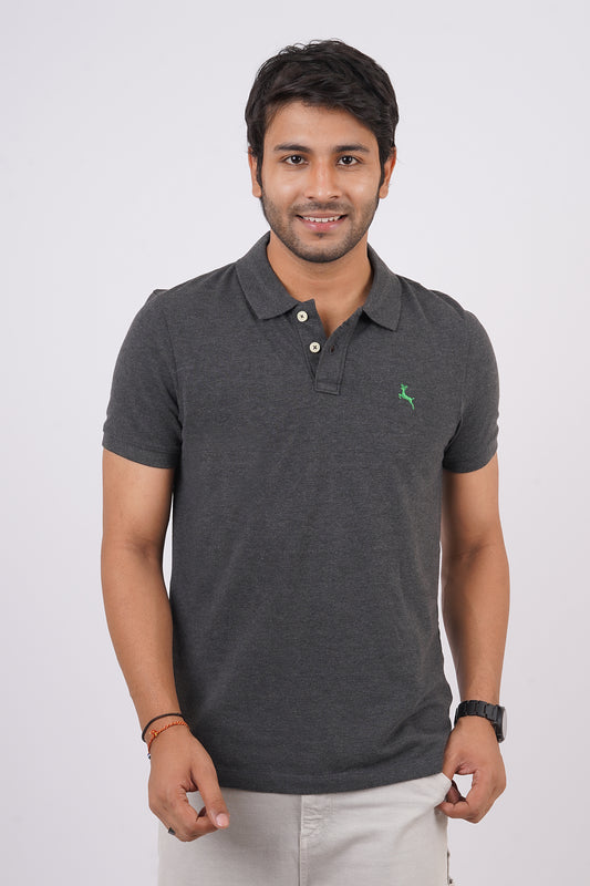 Men's charcoal melange core pique polo t-shirt with embroidered logo
