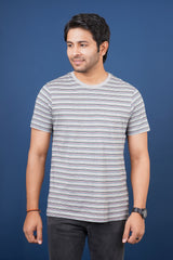 Men's Grey/Blue/Green/Red striped round neck t-shirt