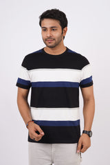 Men's Black/White/Blue striped round neck t-shirt